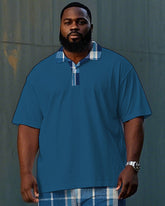 Big Men's Simple Plaid Letter Printed Casual Short Sleeve Polo Shirt Shorts Set